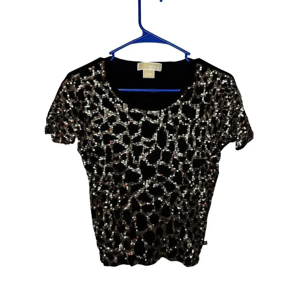 Michael Kors Petite Small Black Shirt with Gold Sequins 100% Rayon